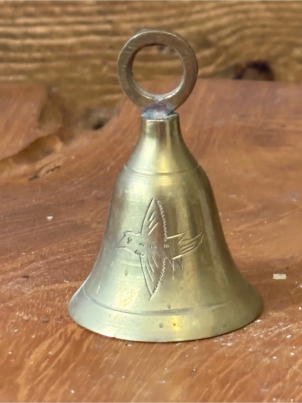 Vintage Solid Brass Bell Made in India Hummingbird Etched 3”